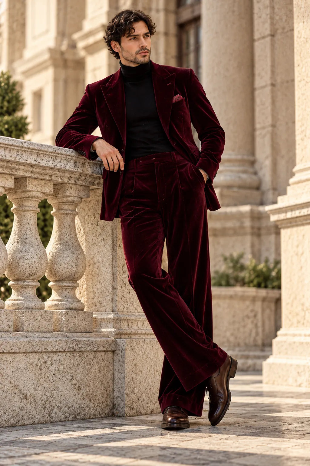Men's Burgundy Velvet Wide Leg 2 Piece Suit