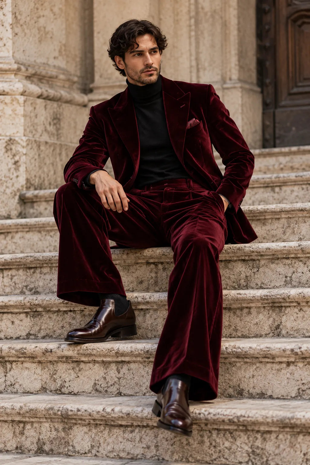 Men's Burgundy Velvet Wide Leg 2 Piece Suit