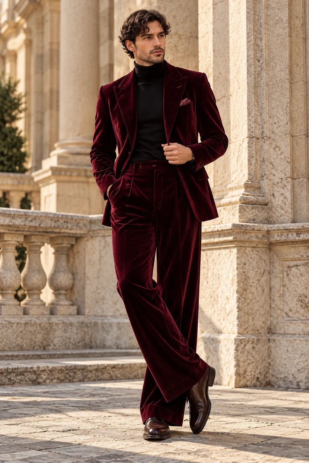Men's Burgundy Velvet Wide Leg 2 Piece Suit