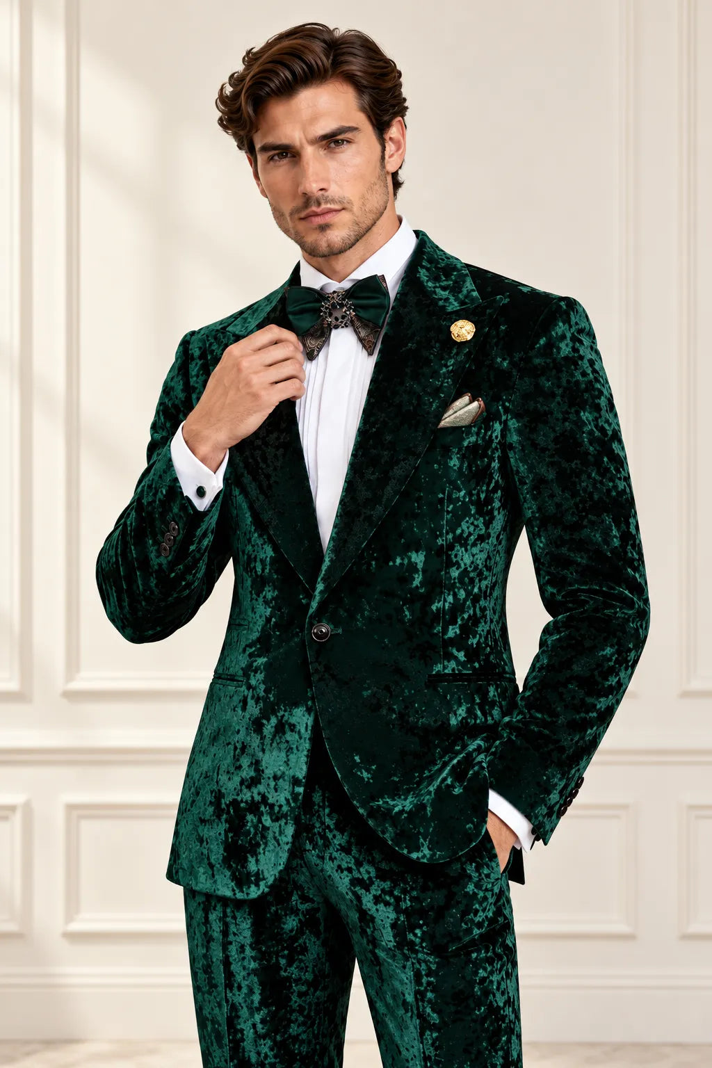 Men's Emerald Green Patterned Velvet 2 Piece Suit