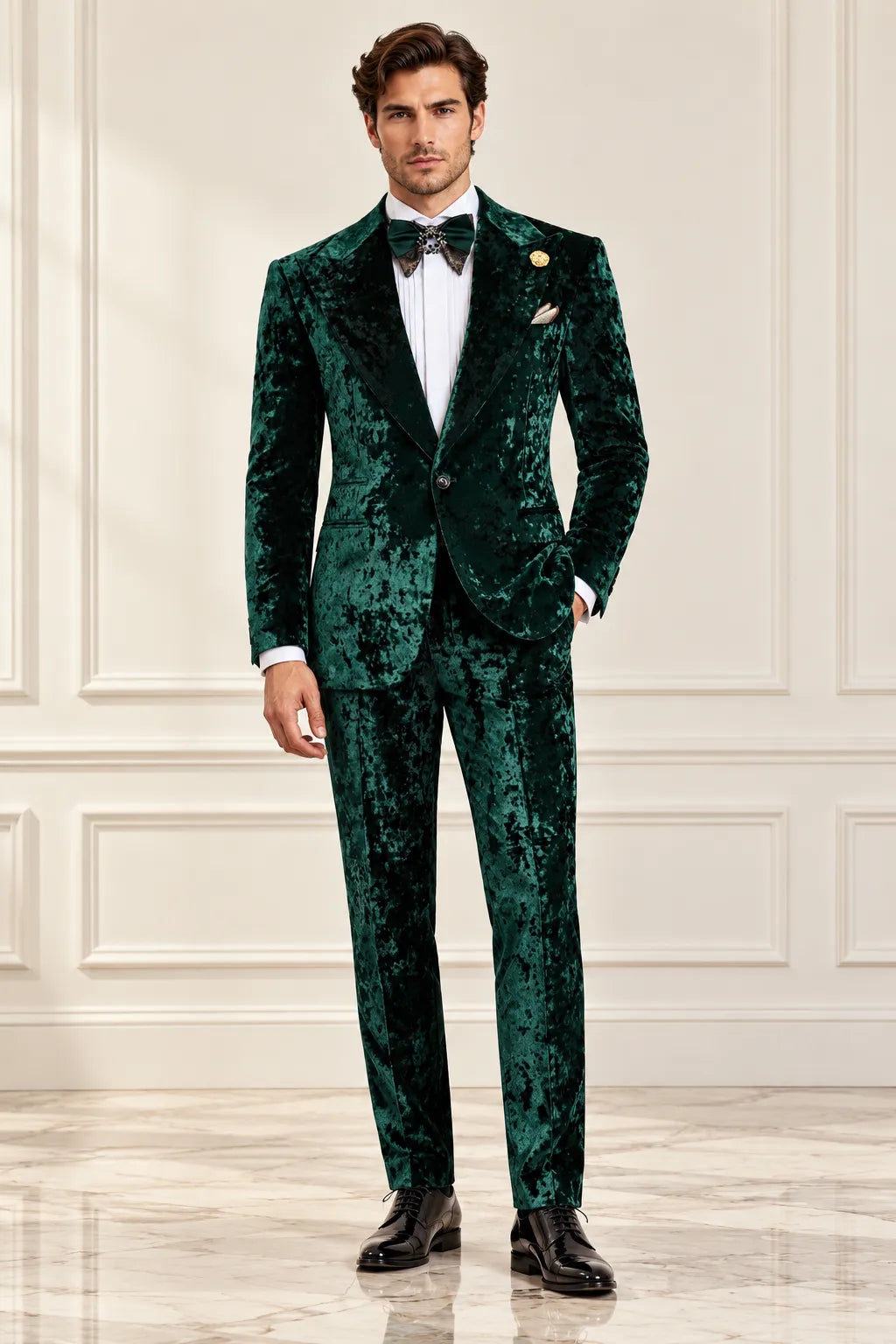Men's Emerald Green Patterned Velvet 2 Piece Suit