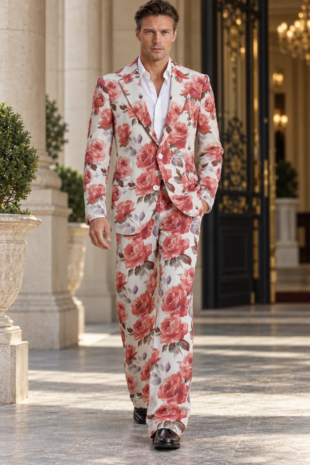 Men's Floral Print Single Breasted 2 Piece Suit
