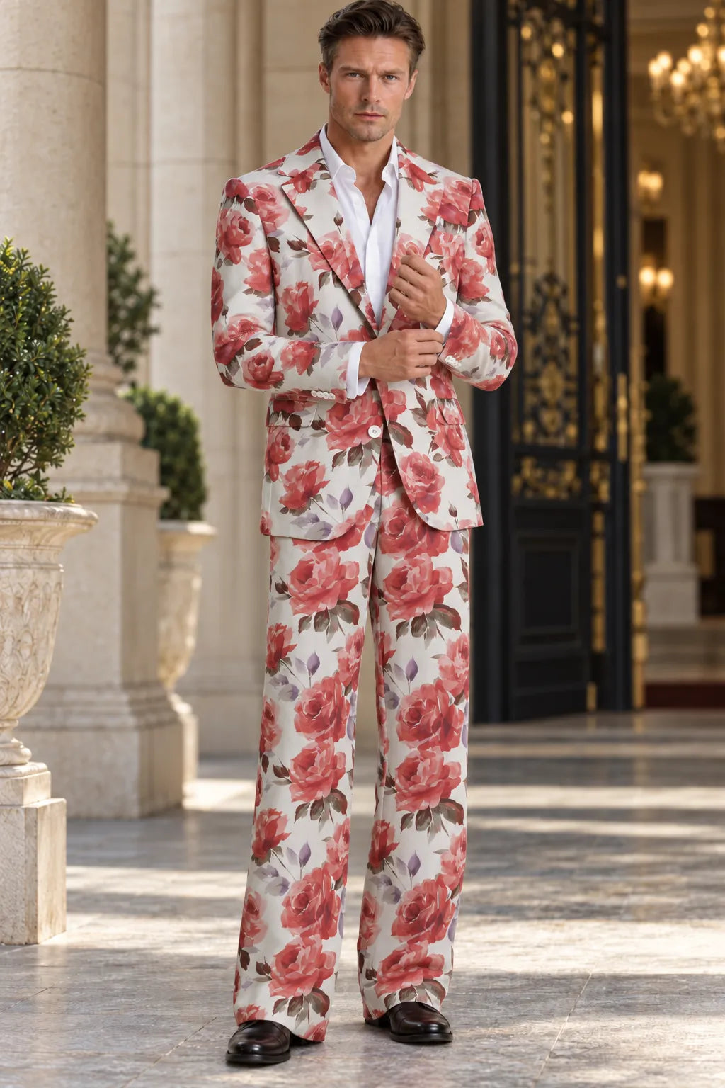 Men's Floral Print Single Breasted 2 Piece Suit