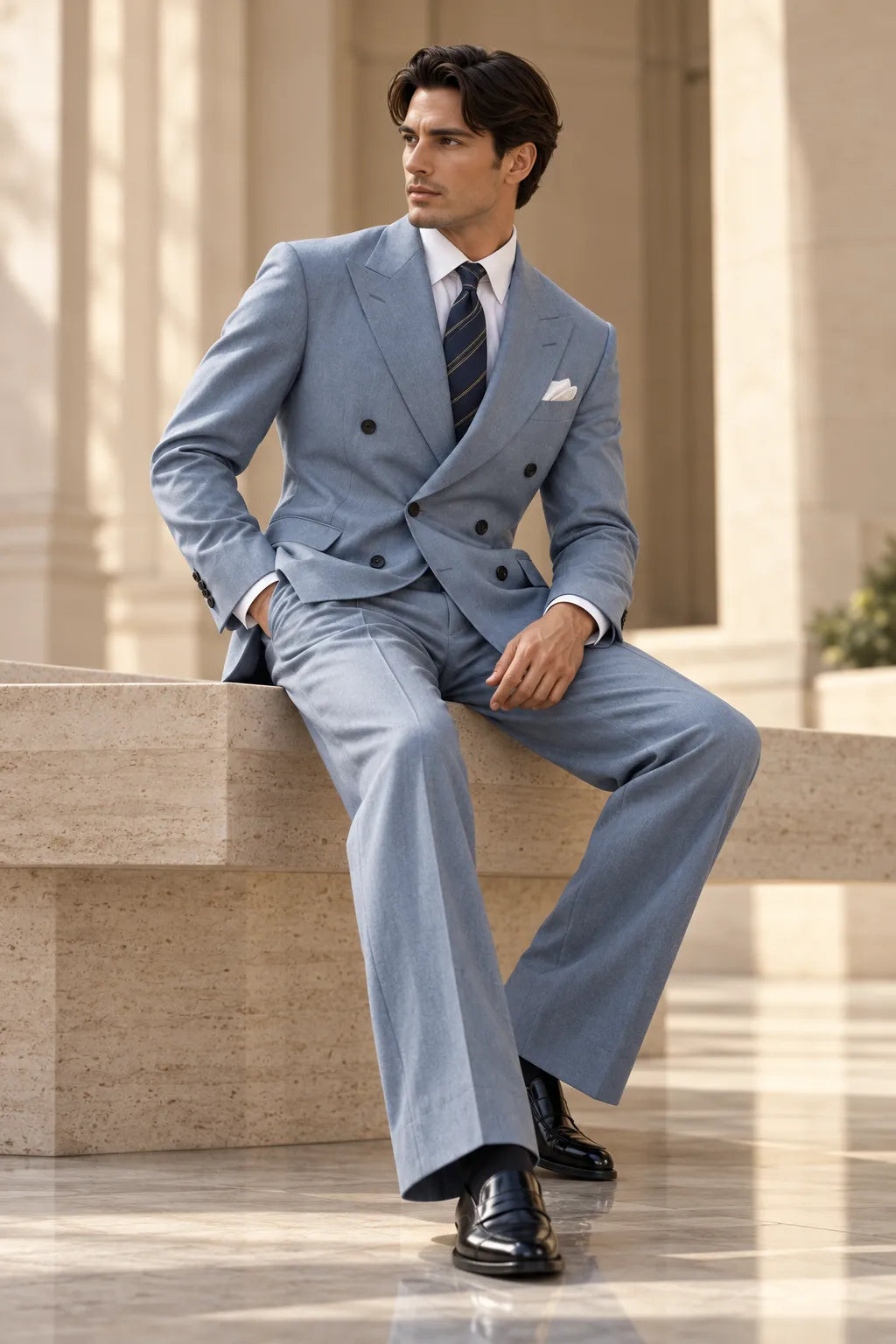 Men's Light Blue Spring Wide Leg 2 Piece Suit
