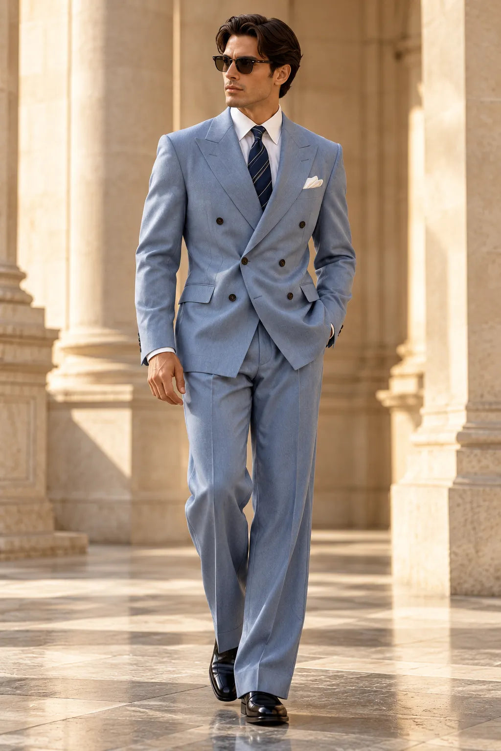 Men's Light Blue Spring Wide Leg 2 Piece Suit