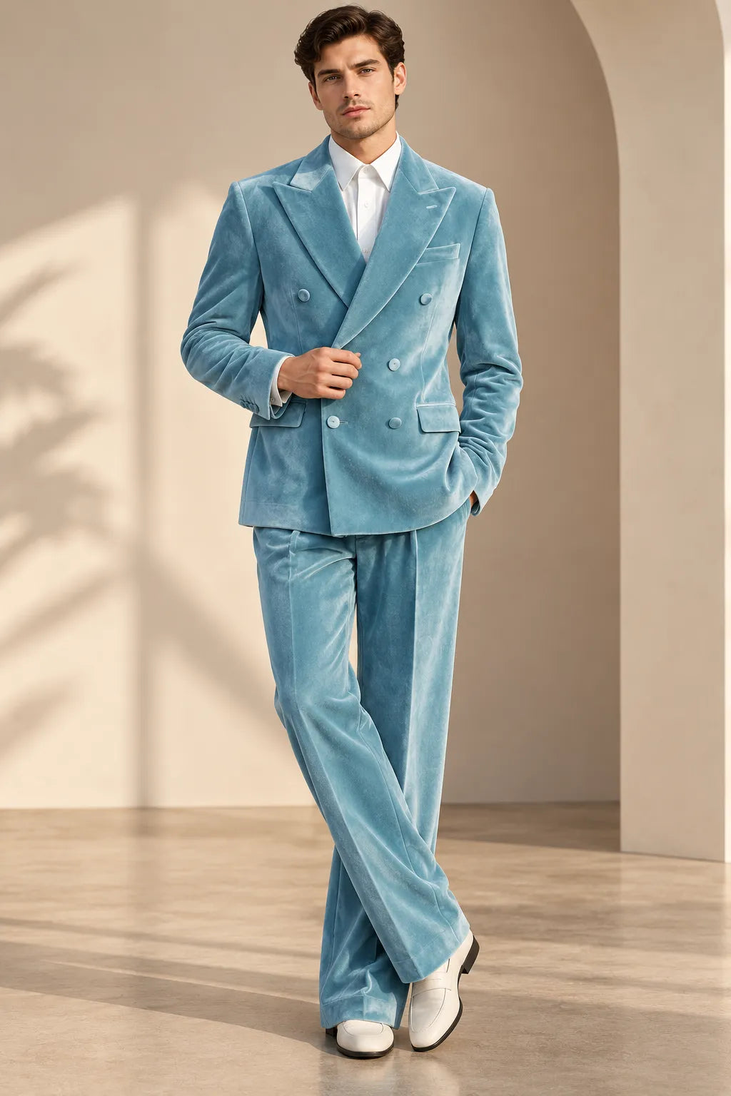 Men's Light Blue Velvet Double Breasted 2 Piece Suit