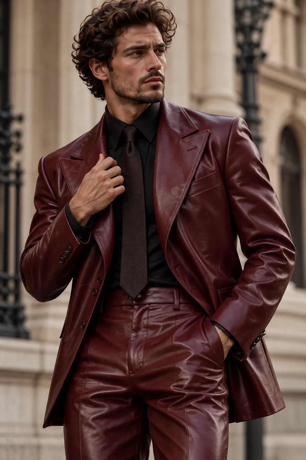 Men's Burgundy Leather Peak Lapel 2 Piece Suit