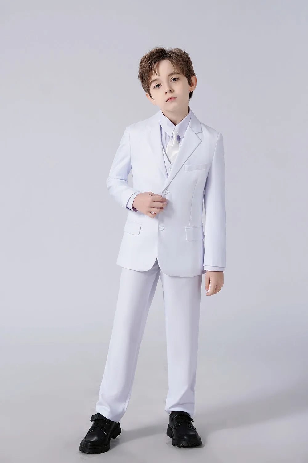 Boy in white 5 piece formal suit with blazer, vest, pants, and tie – perfect for weddings or special events