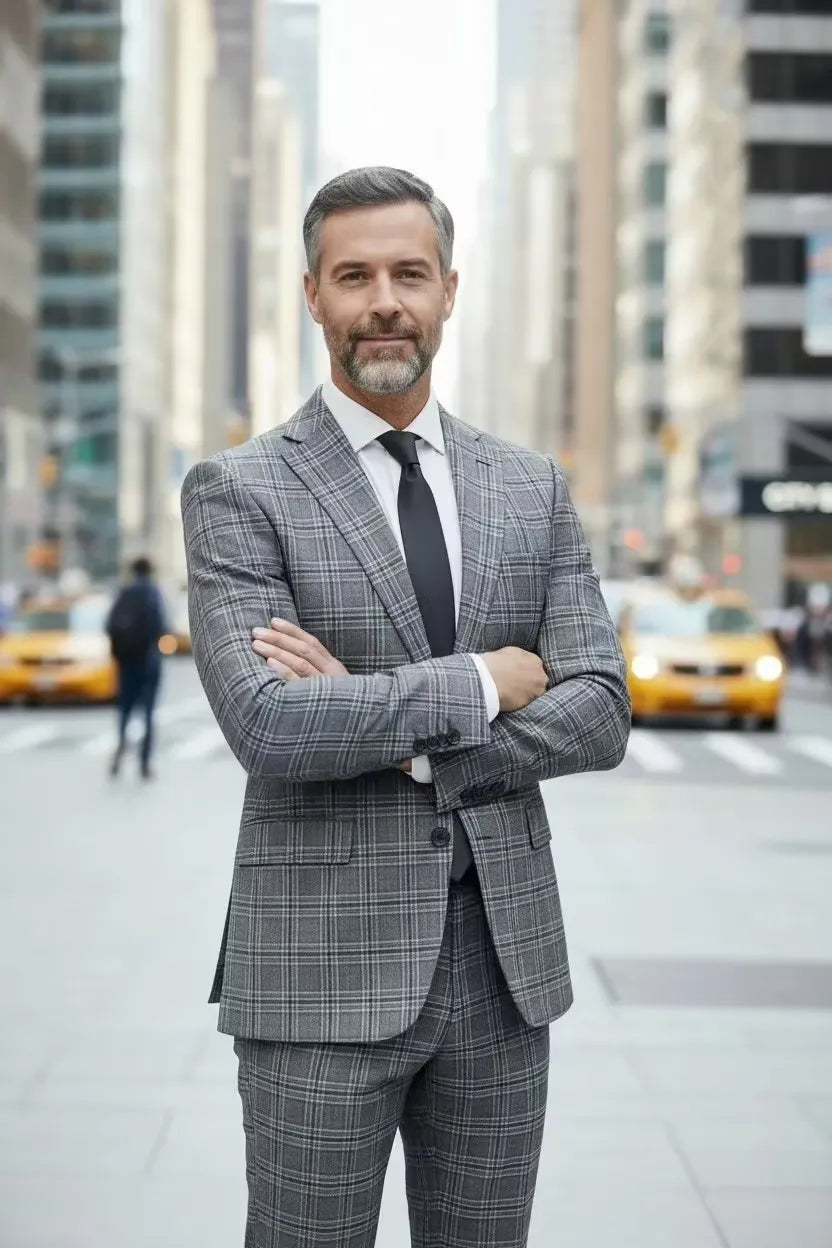 Men's Grey Plaid Notch Collar 2 Piece Suit