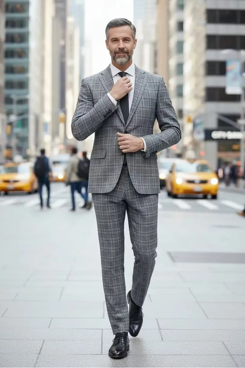 Men's Grey Plaid Notch Collar 2 Piece Suit