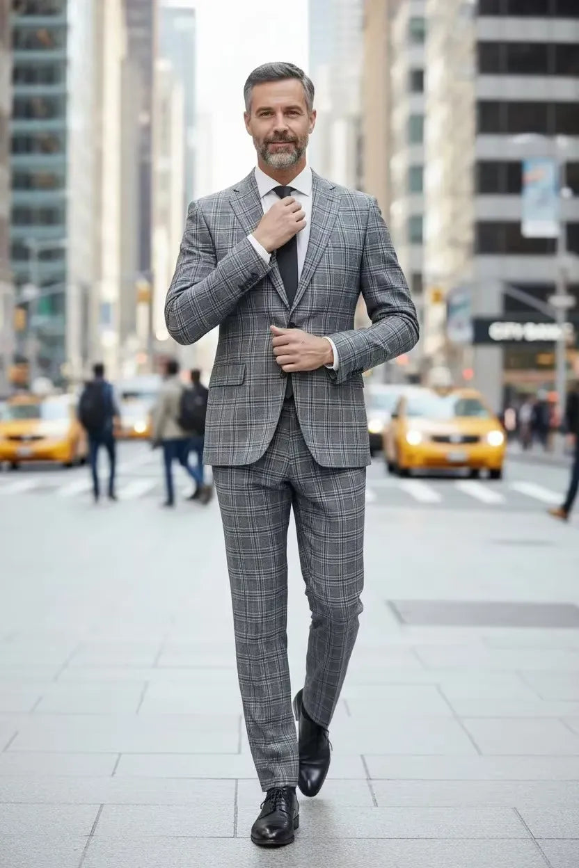 Men's Grey Plaid Notch Collar 2 Piece Suit