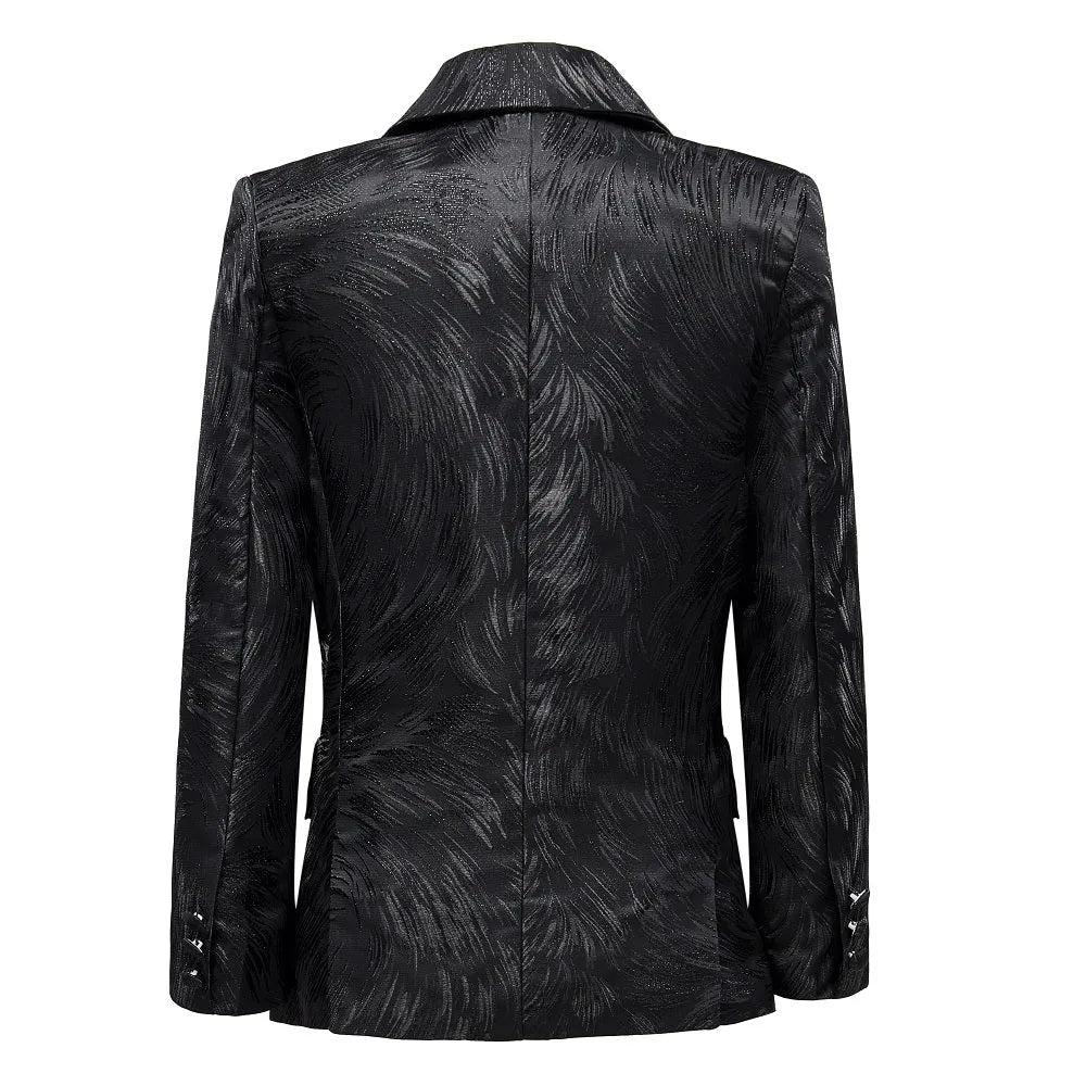 Back view of patterned boys blazer – sleek party suit in textured black