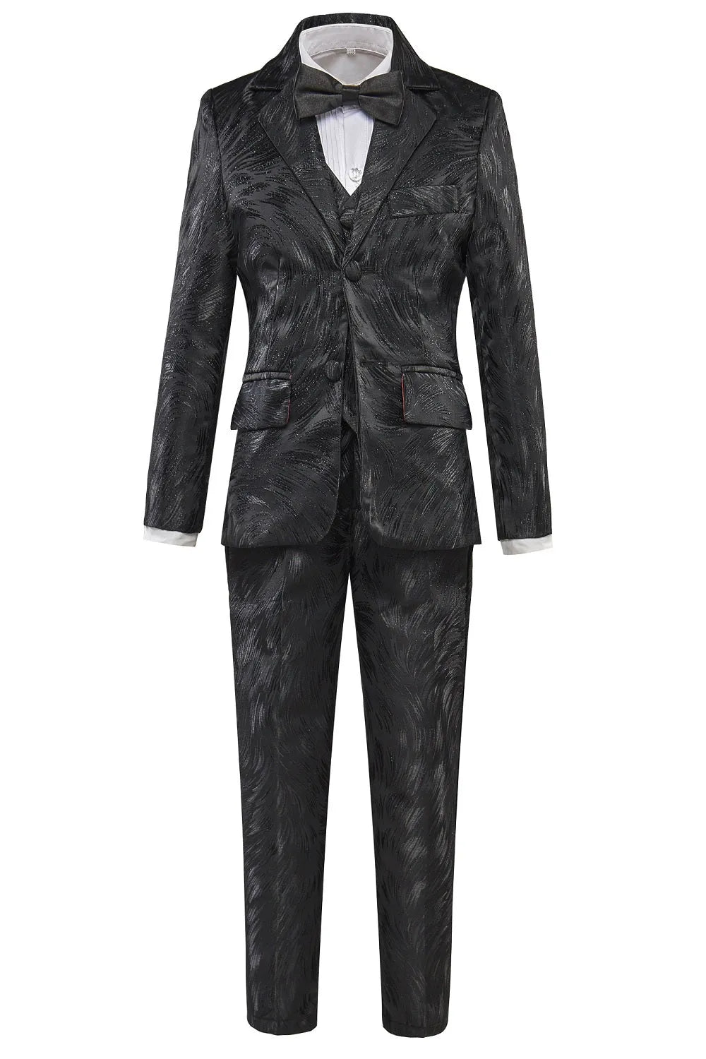 Black patterned 5-piece boys suit with glossy texture and bow tie – formal wear for parties