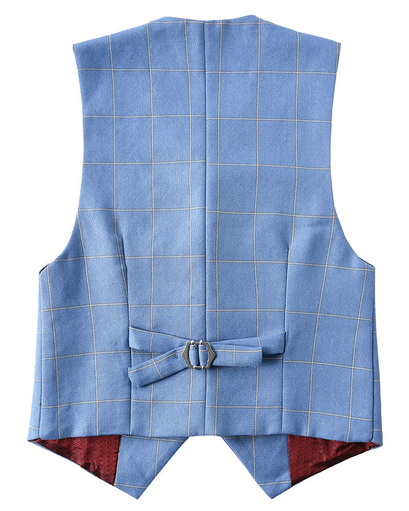 Plaid blue kids boys' vest: Back view with adjustable buckle & red lining