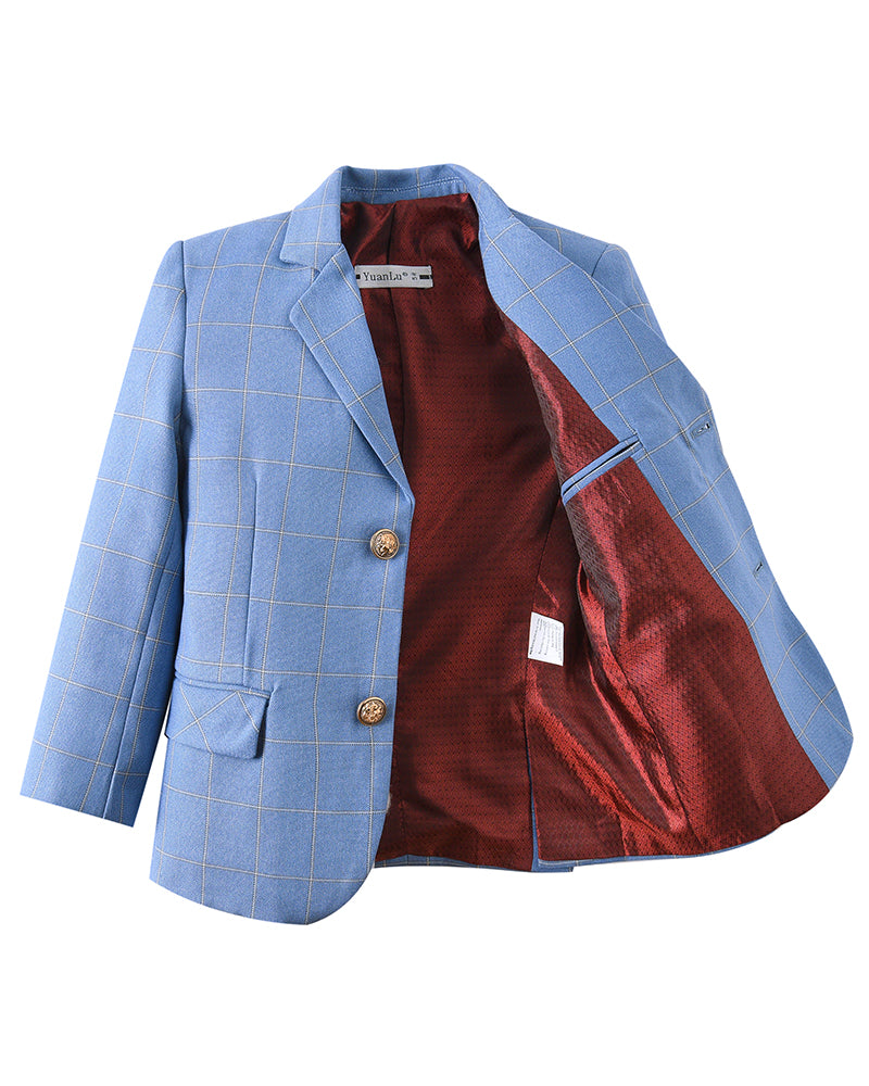 Plaid blue kids boys' formal blazer: Open front with red lining & gold buttons