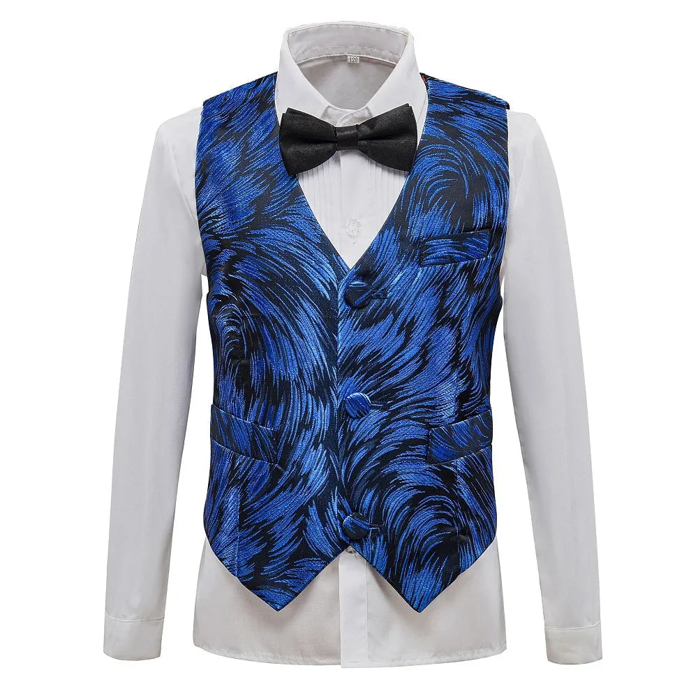 Blue boys' patterned vest: Swirl feather print, stylish formal waistcoat with black bowtie for party events