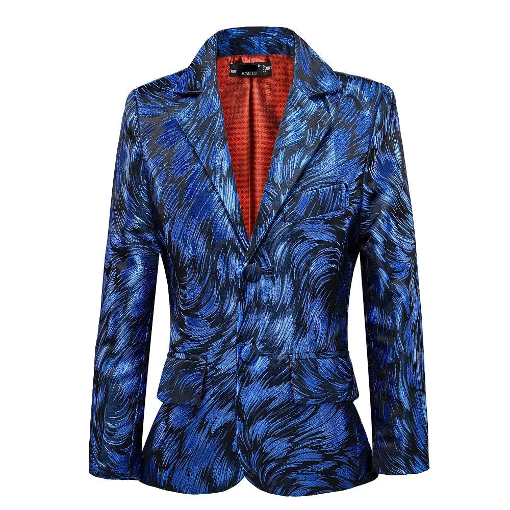 Blue boys' printed blazer: Vibrant swirl pattern, fancy designer formal jacket with red-lined interior for party events