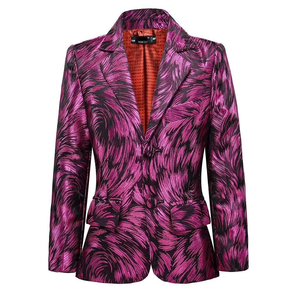 Fuchsia boys' blazer: Feather swirl print with red lining, stylish formal jacket for party banquets