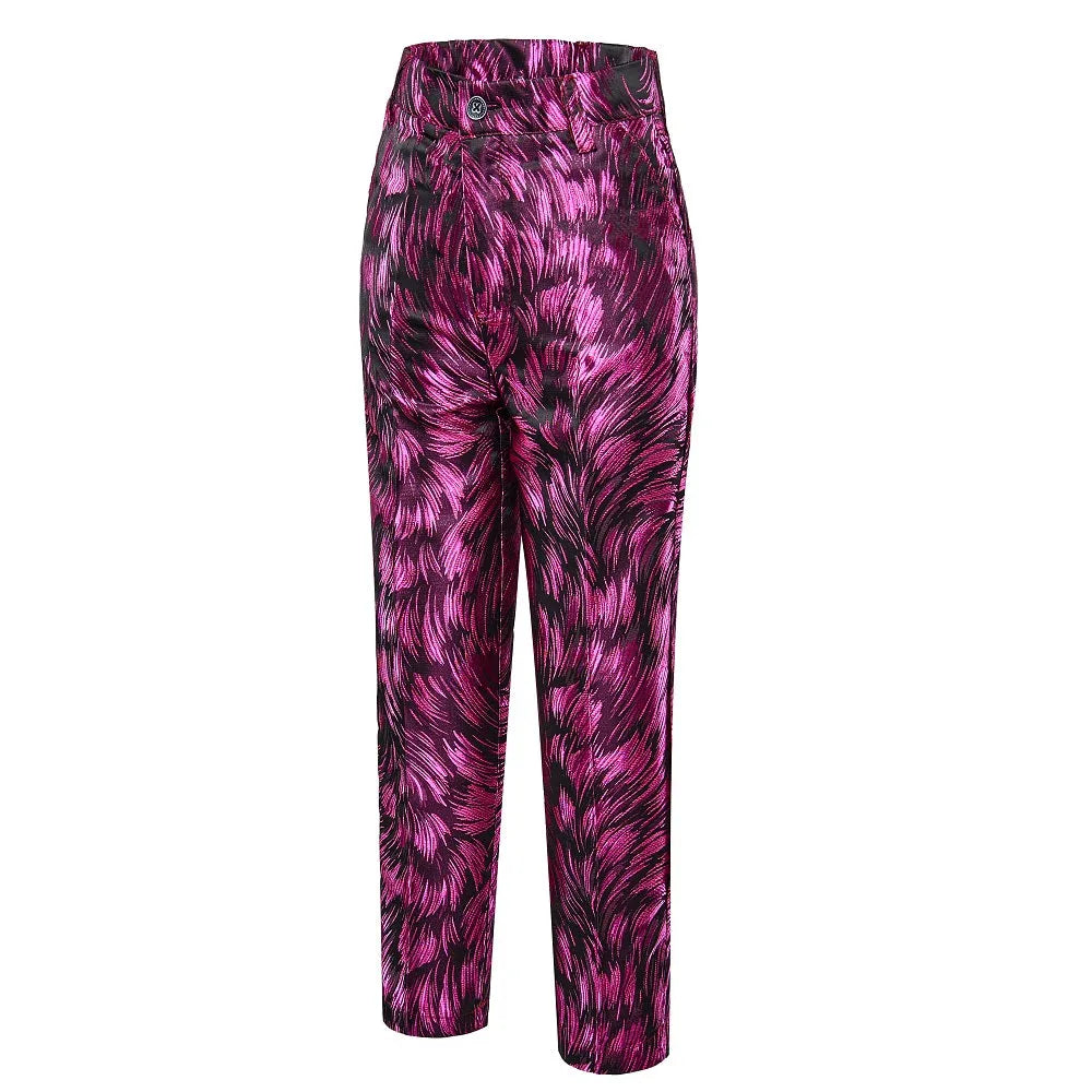 Fuchsia boys' pants: Swirl feather pattern, satin formal trousers for party banquets