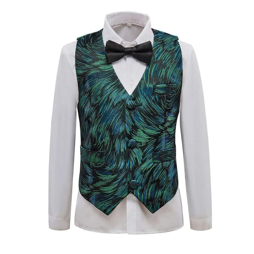 Green boys' vest: Teal & blue swirl pattern with black bowtie, formal party satin waistcoat