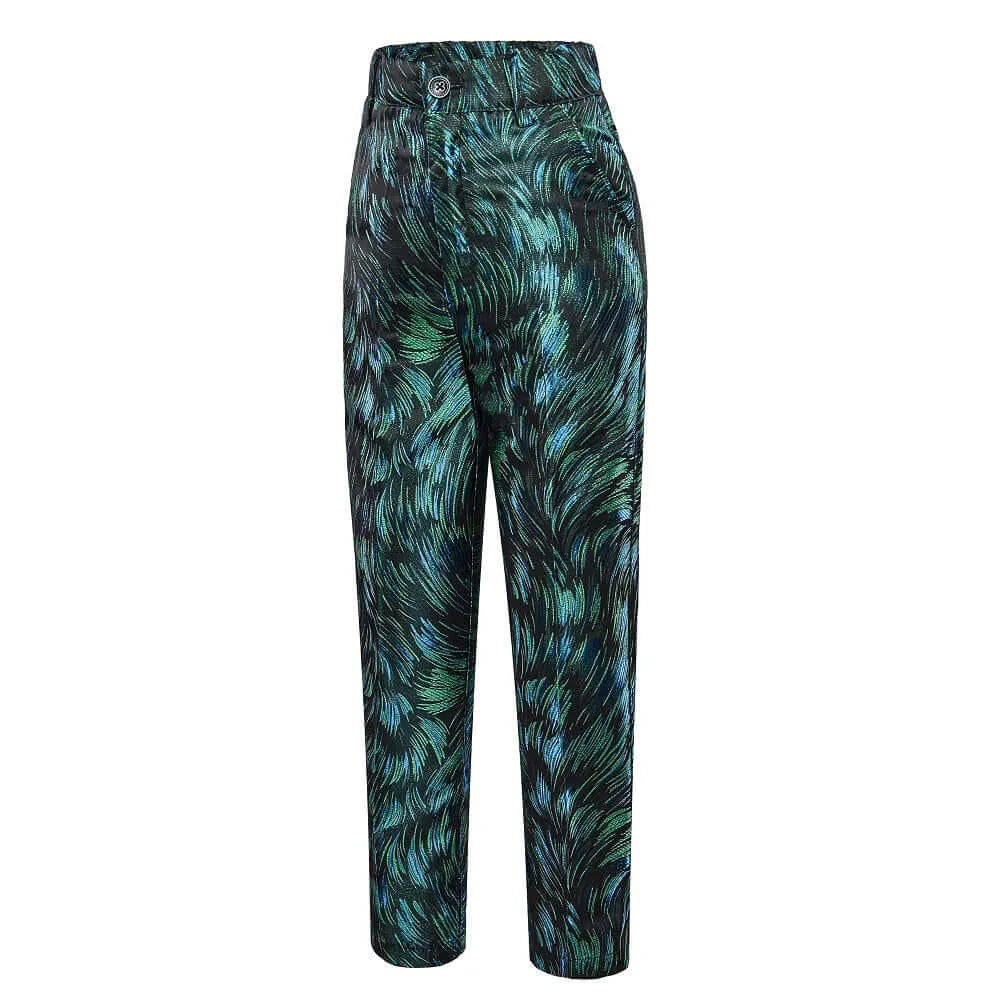 Green boys' trousers: Teal & blue swirl pattern, satin formal pants for party events