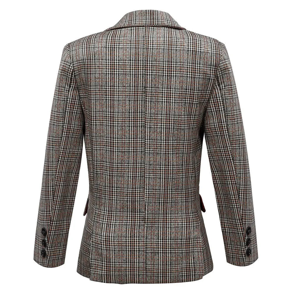 Back view of boys checkered suit blazer with structured seams and three-button sleeve detail