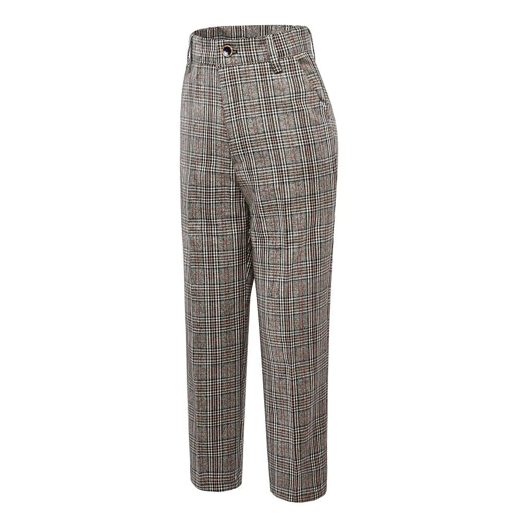 Side view of boys dress pants in grey and brown check pattern with belt loops and button closure