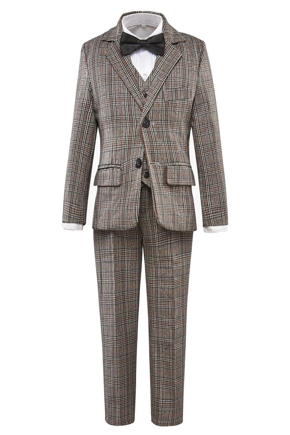 Full view of 5-piece boys suit in grey and brown plaid with bow tie and classic blazer design