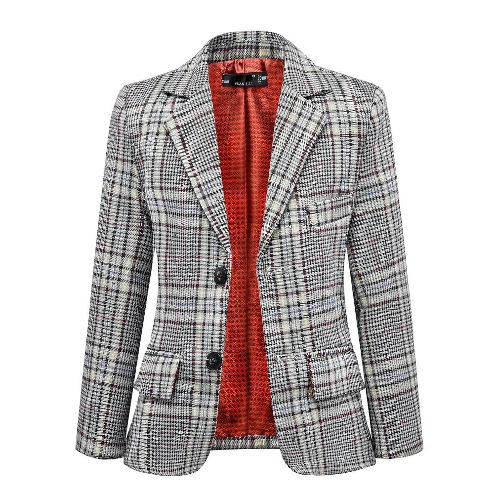 Classic grey plaid blazer for boys with inner red lining, ideal for weddings