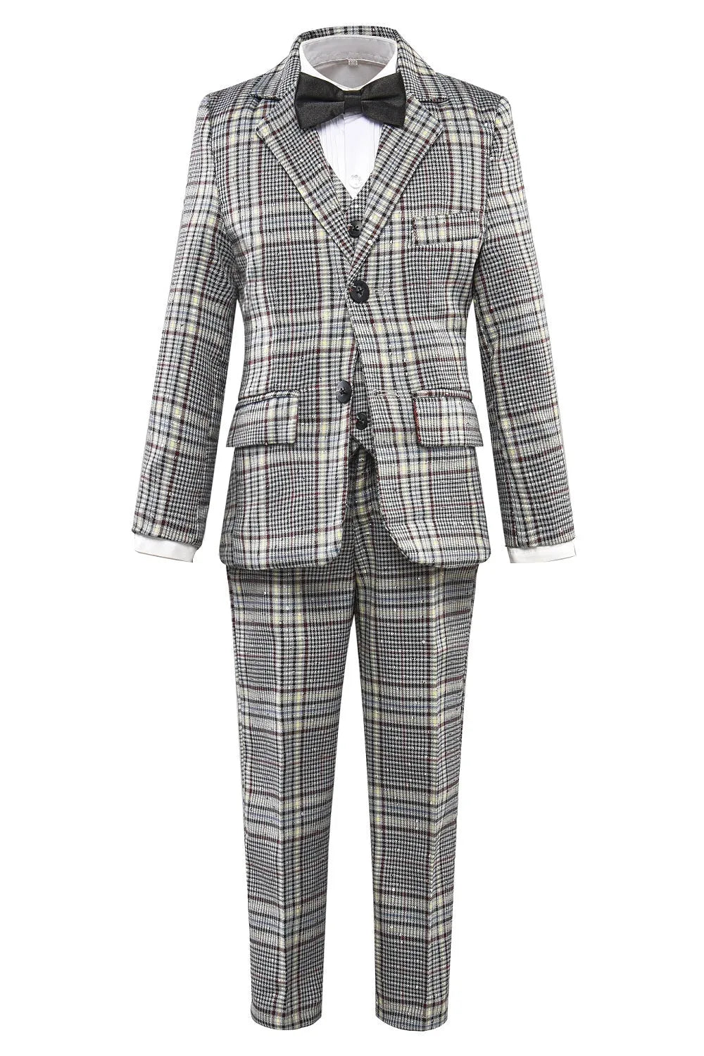 5-piece boys grey and white plaid suit with bow tie, jacket, vest, shirt, and pants