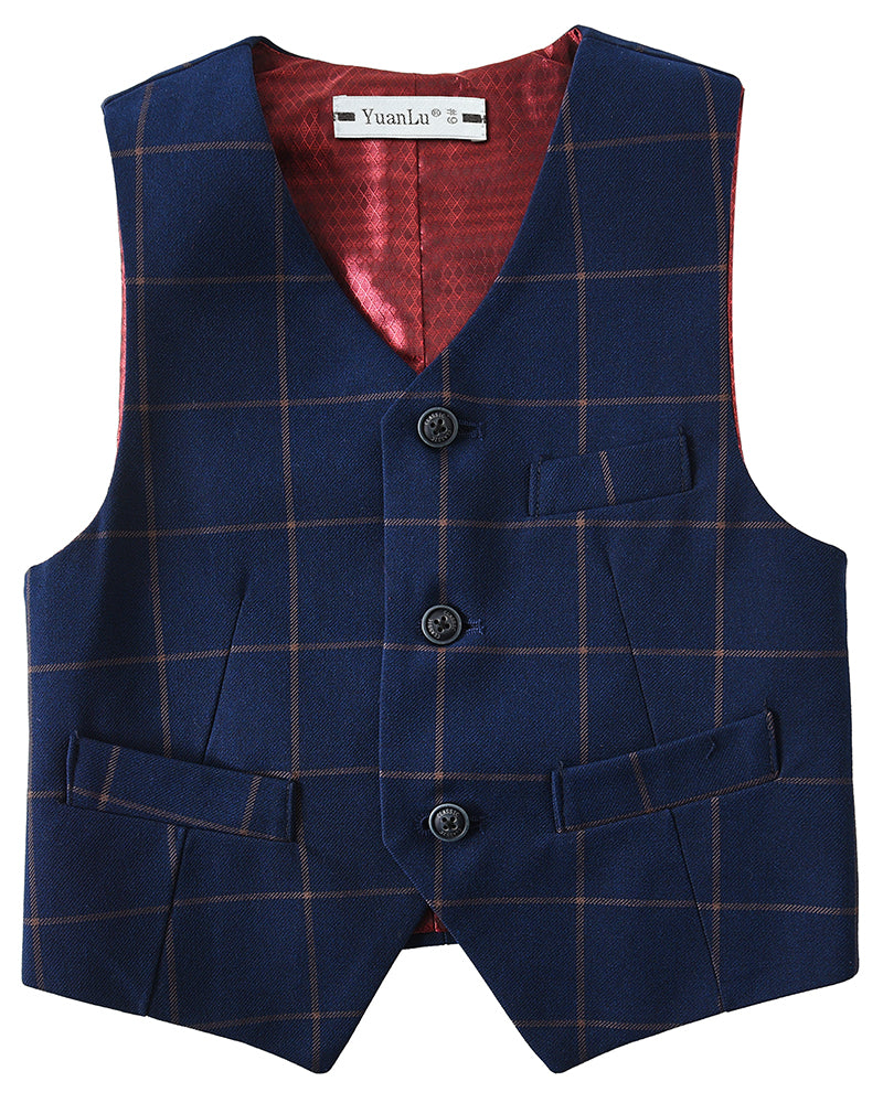 Plaid navy kids boys' formal vest: Front view with red lining & black button detail