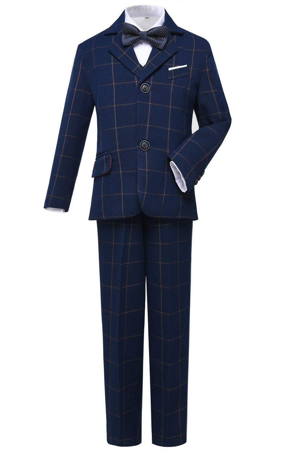 Plaid navy kids boys' 3-piece formal suit: Blazer, vest & pants with bow tie