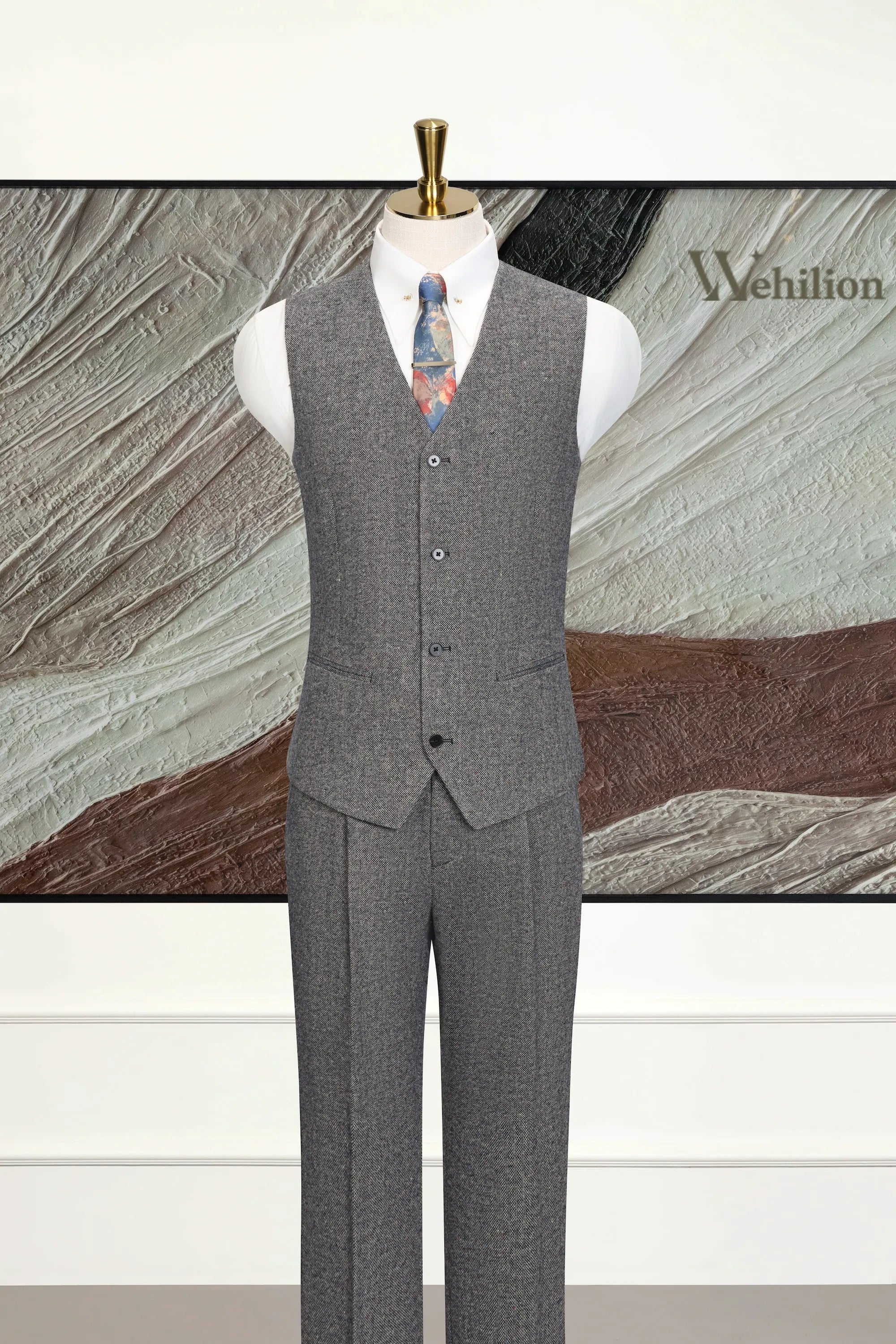 Men's Modern Tweed Herringbone 3 Piece Suit