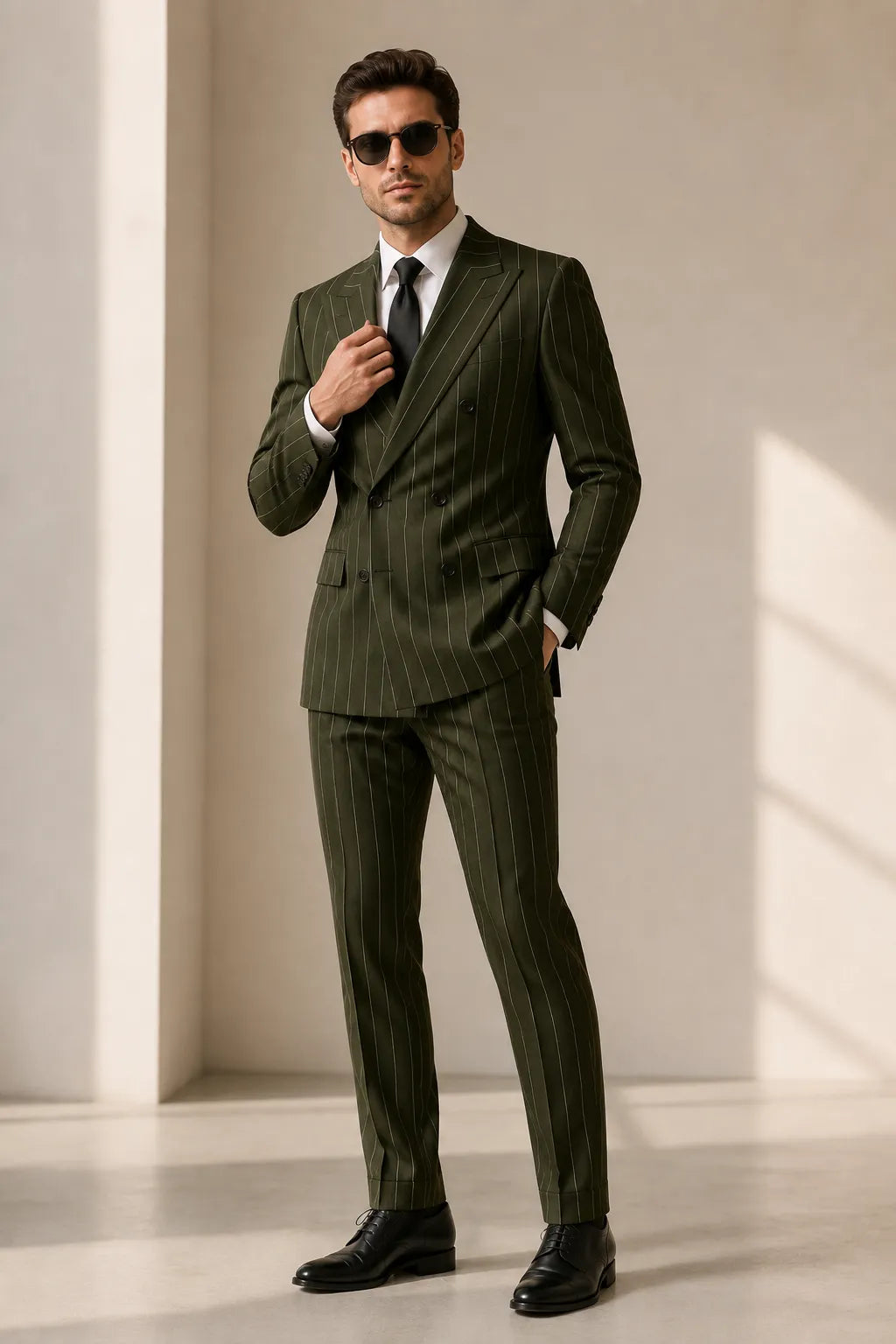 Men's Green Pinstripe Double Breasted 2 Piece Suit