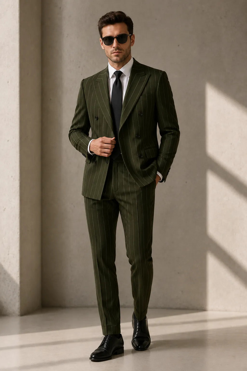 Men's Green Pinstripe Double Breasted 2 Piece Suit