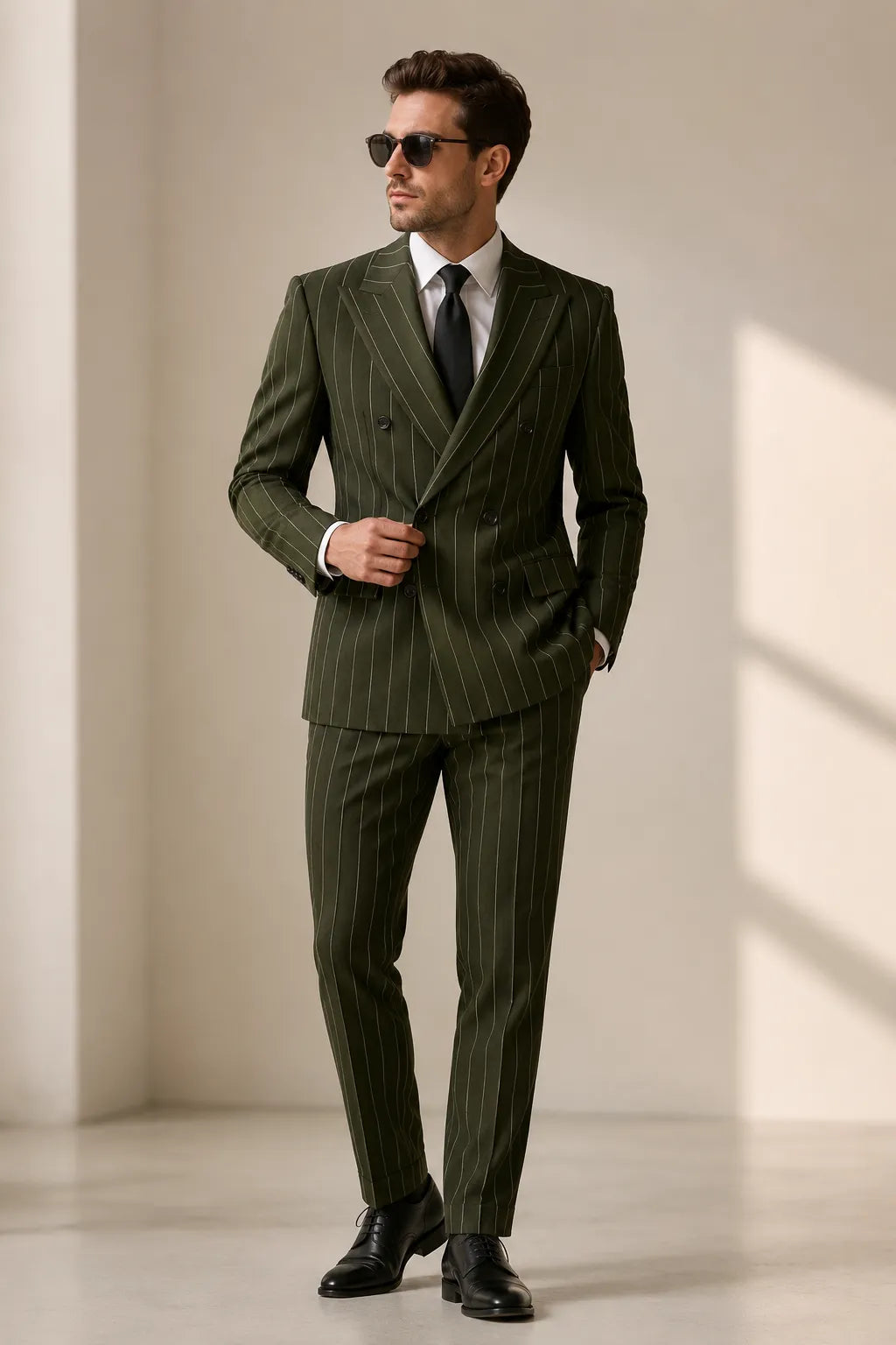 Men's Green Pinstripe Double Breasted 2 Piece Suit