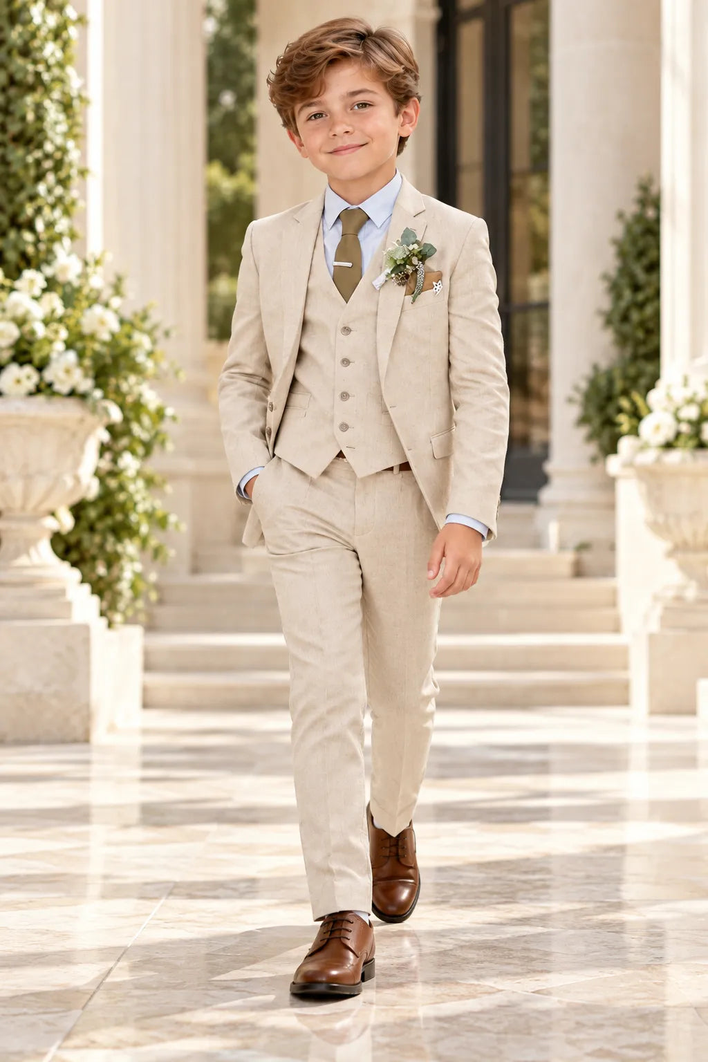 Boys Summer Linen Wedding 3 Piece Suit