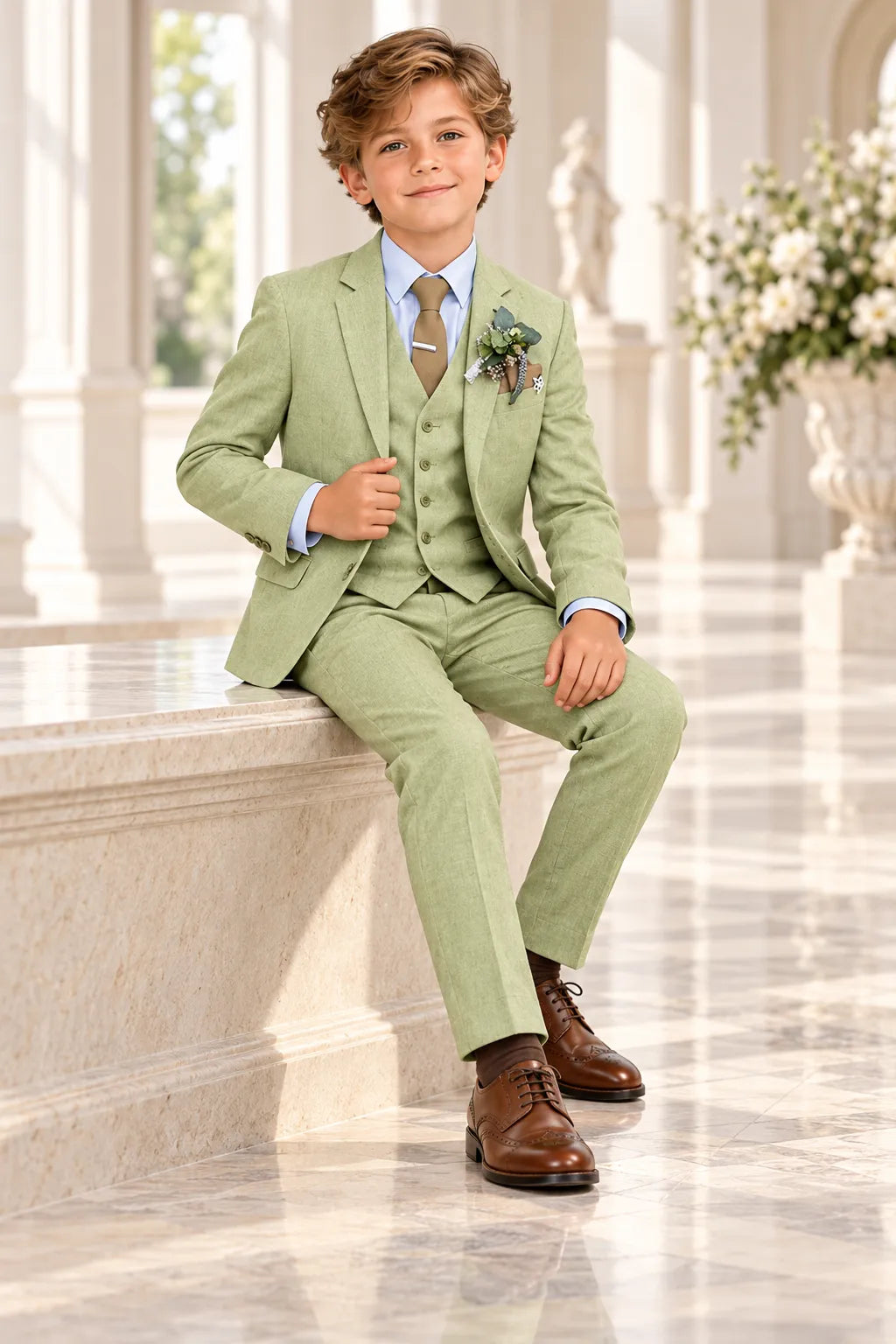 Boys Summer Linen Wedding 3 Piece Suit