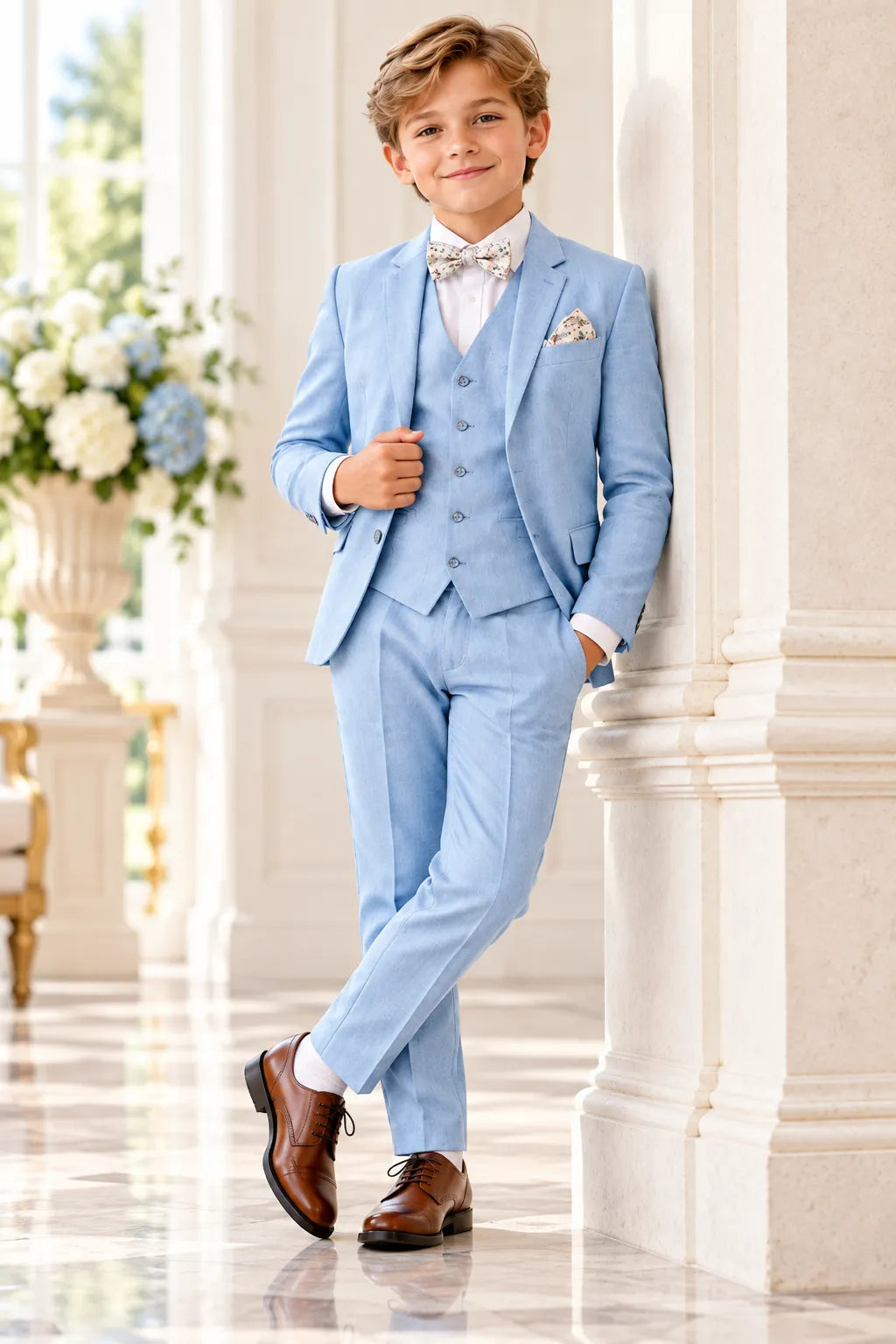 Boys Summer Linen Wedding 3 Piece Suit
