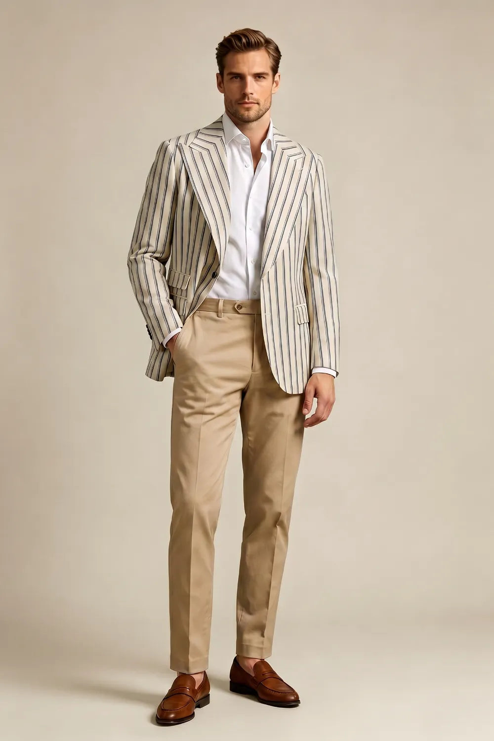 Men's Cream Striped Peak Lapel Blazer