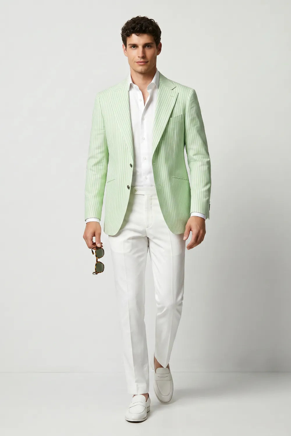 Men's Light Green Striped Wide Notch Lapel Seersucker Blazer