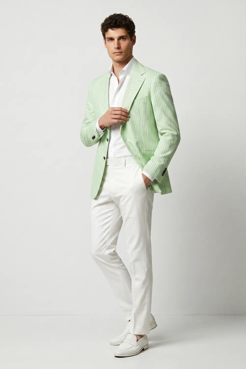 Men's Light Green Striped Wide Notch Lapel Seersucker Blazer