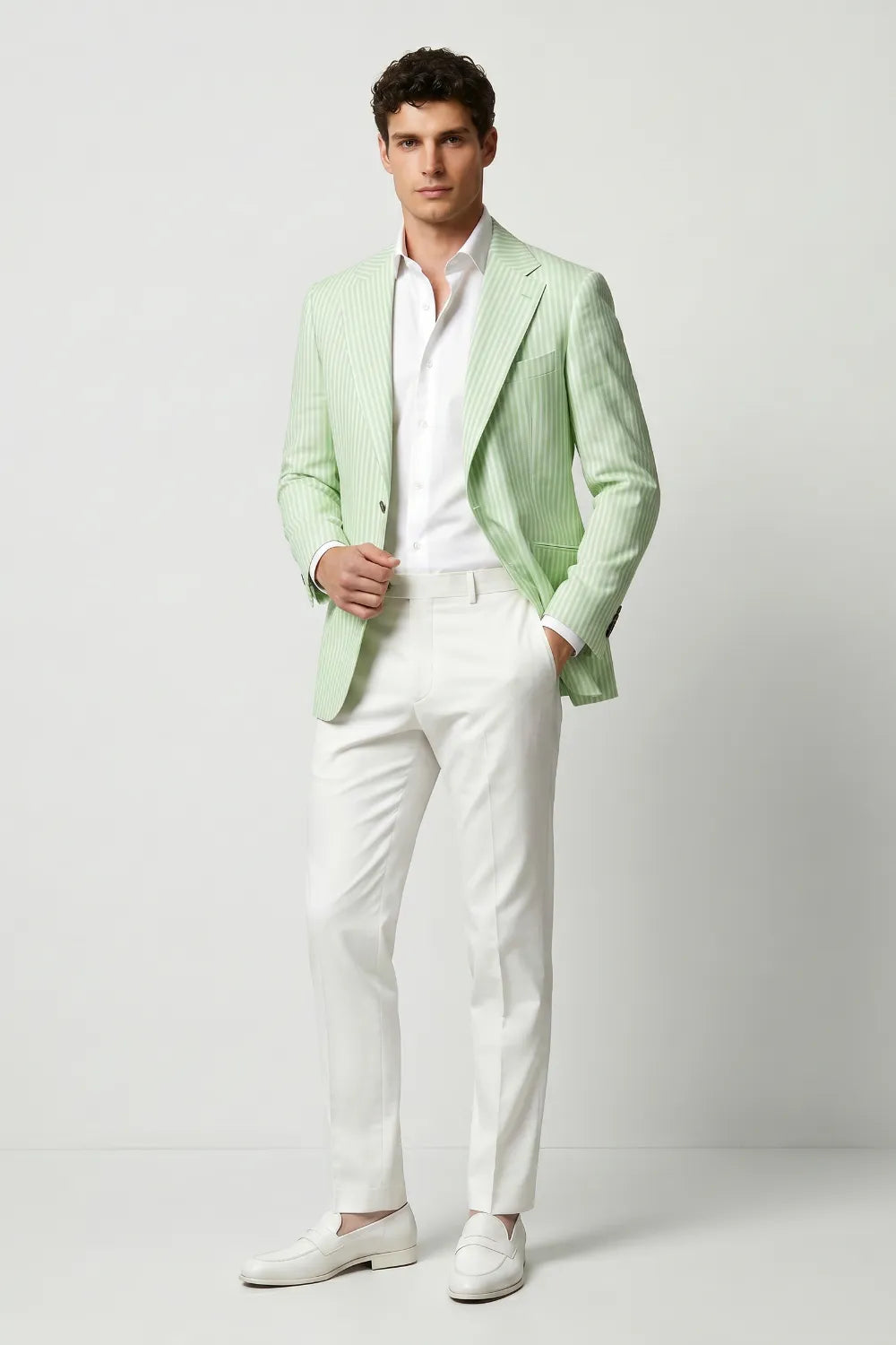 Men's Light Green Striped Wide Notch Lapel Seersucker Blazer