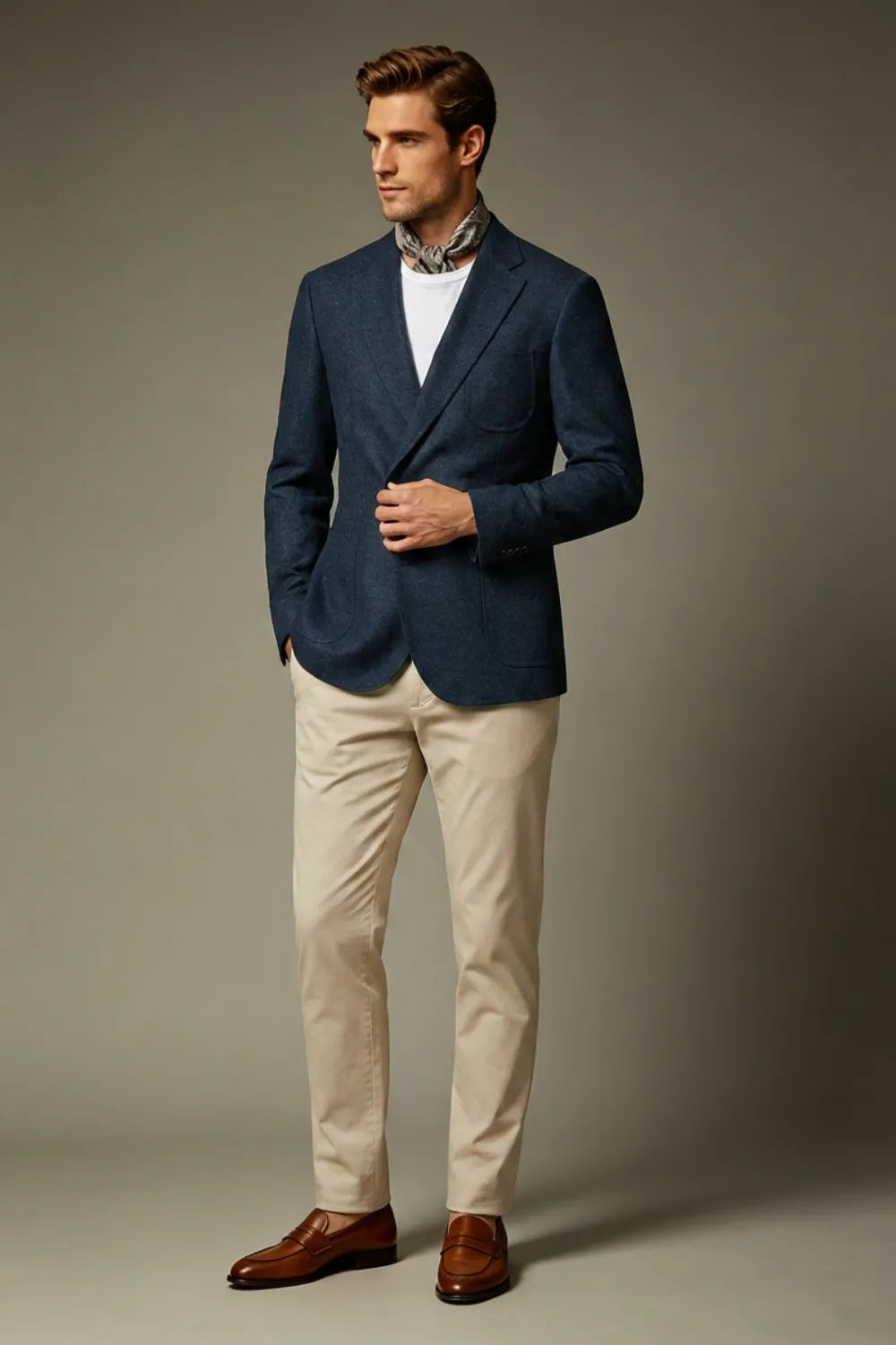 Men's Navy Blue Textured Wool Blend Single Breasted 2 Piece Suit