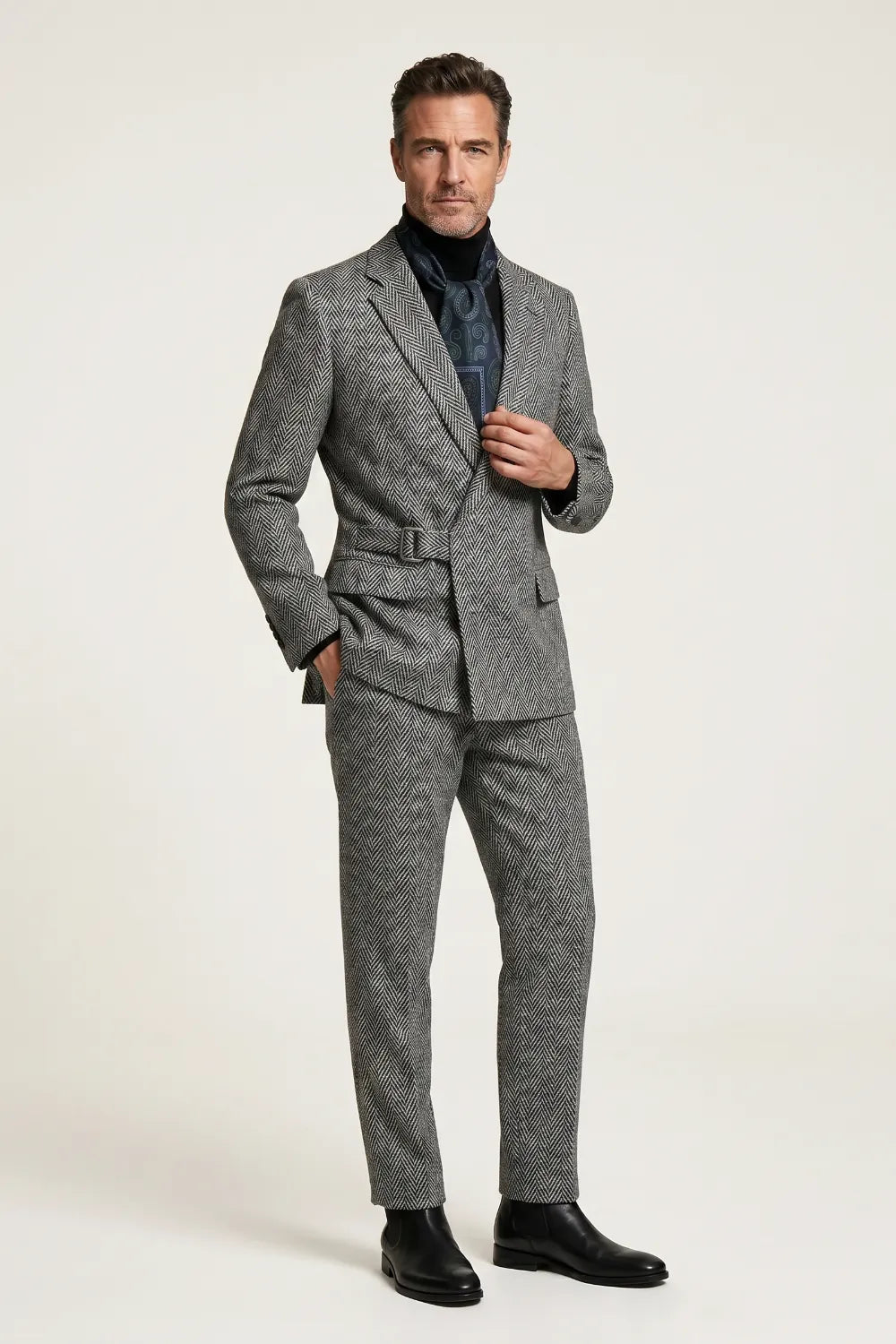 Men's Black White Herringbone Belted Suit