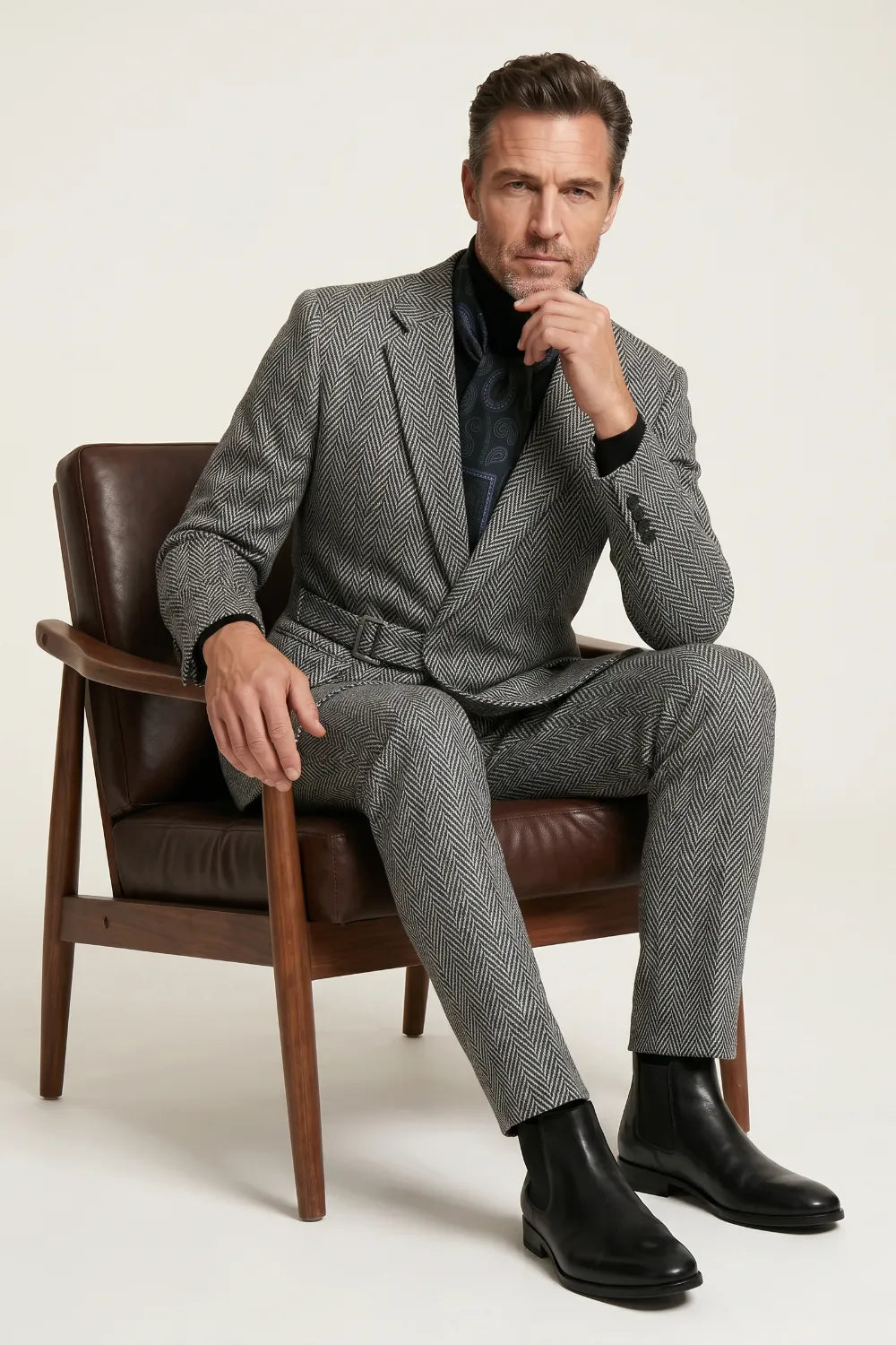 Men's Black White Herringbone Belted Suit
