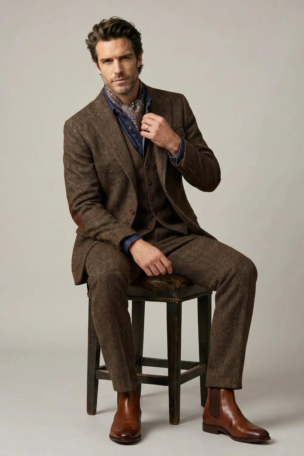 Men's Brown Herringbone Tweed 3-Piece Suit