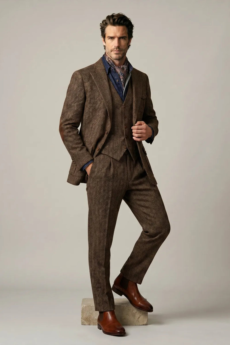 HEUGN ユーゲン MIX TWEED BROWN サイズ3 Men's Brown Herringbone Tweed 3-Piece Suit | Wehilion®