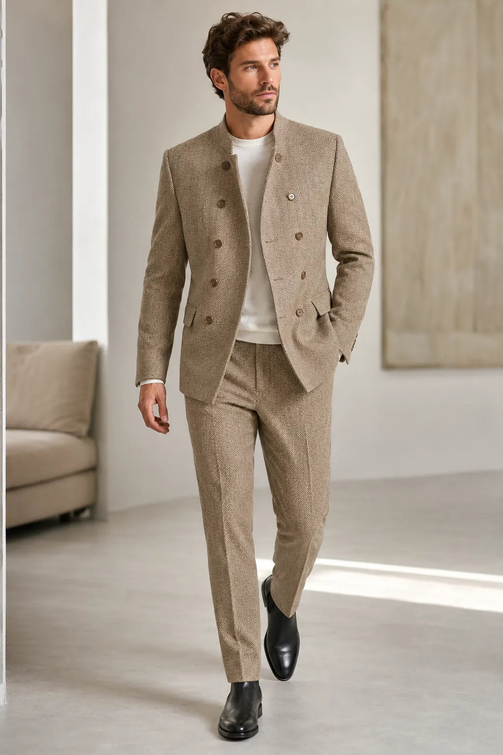 Men's Mandarin Collar Herringbone 2 Piece Suit