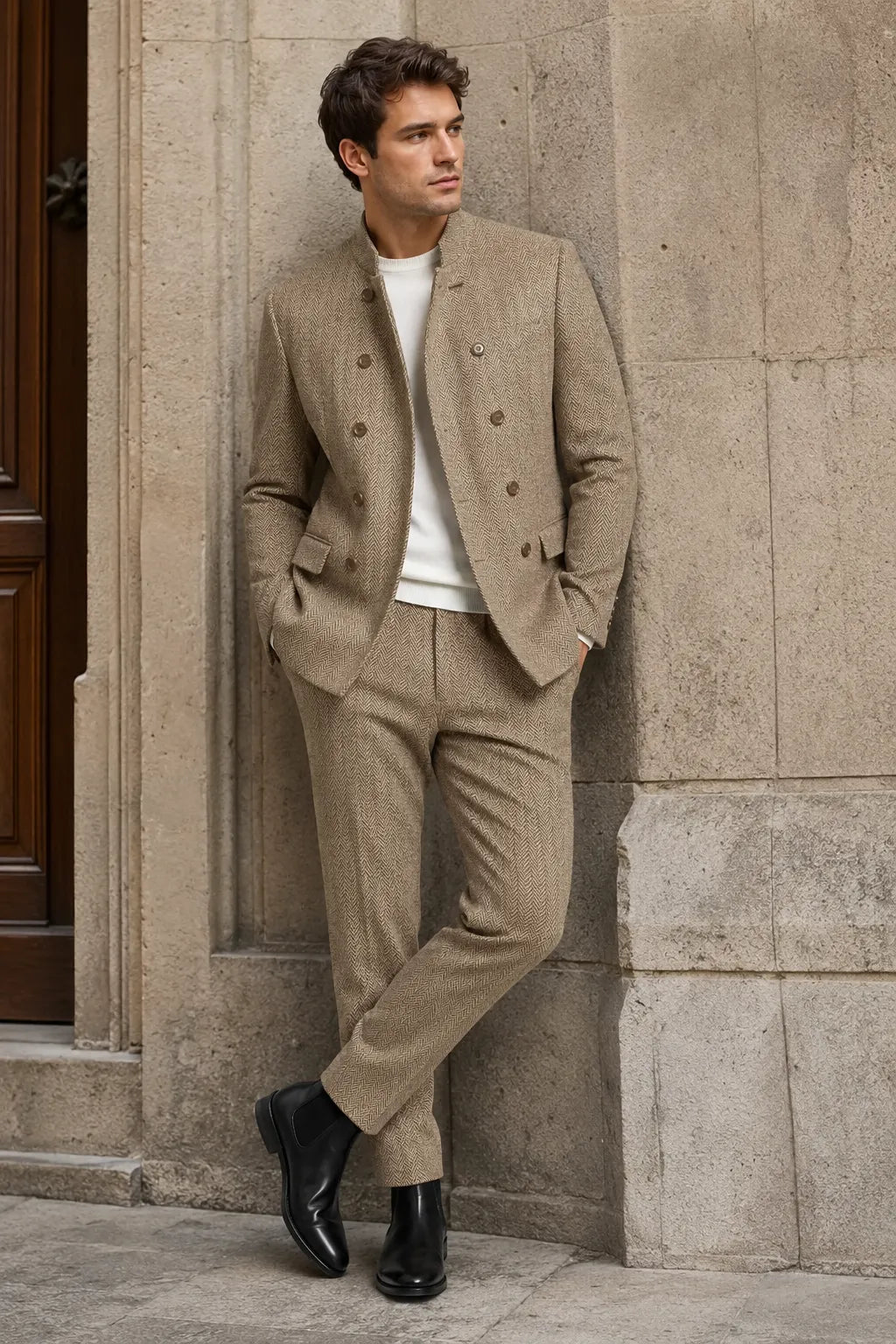 Men's Mandarin Collar Herringbone 2 Piece Suit